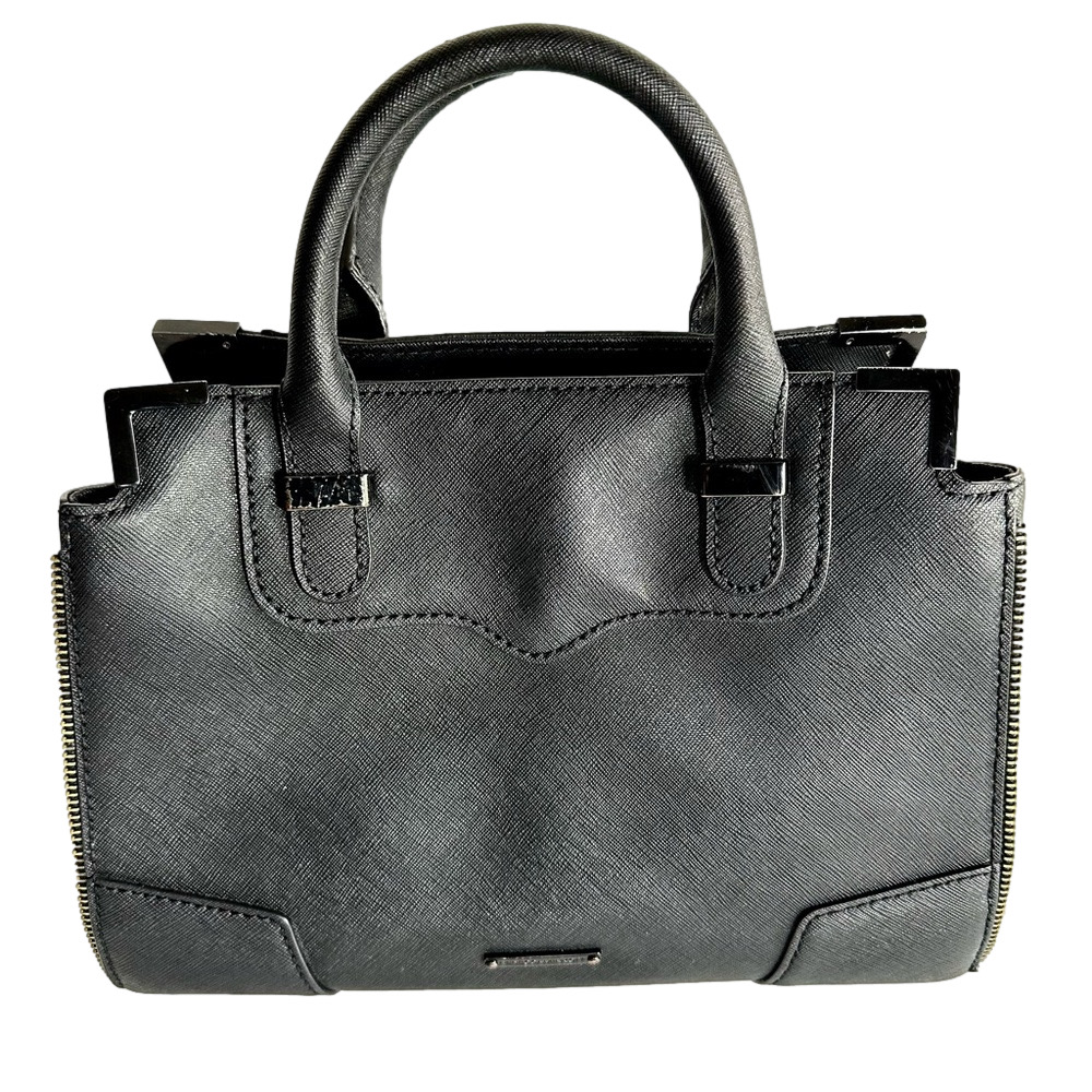 Rebecca Minkoff Black Leather Moto Zip Satchel Crossbody Bag Structured Magnet